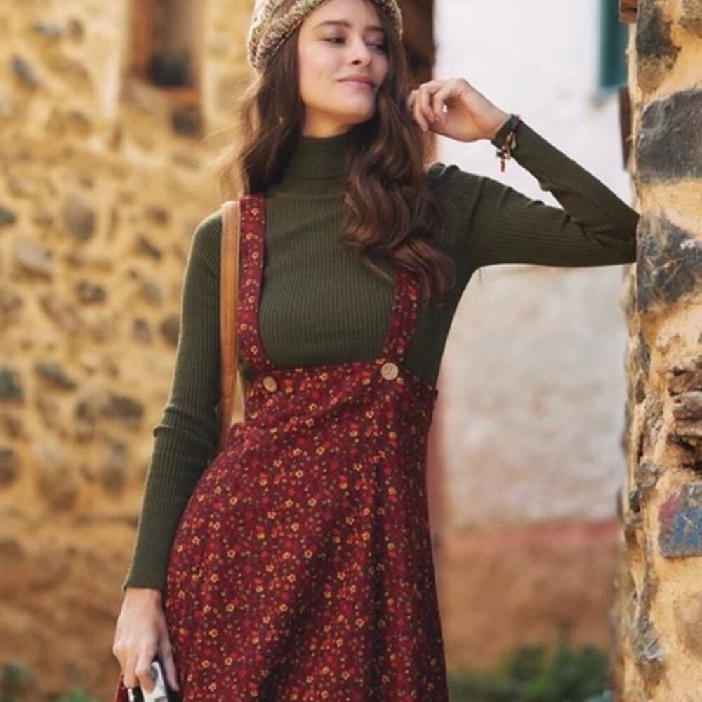 Floral Organic Cotton Pinafore Burgundy Dress, Adjustable Suspender Mini Dress L - Picture 6 of 12